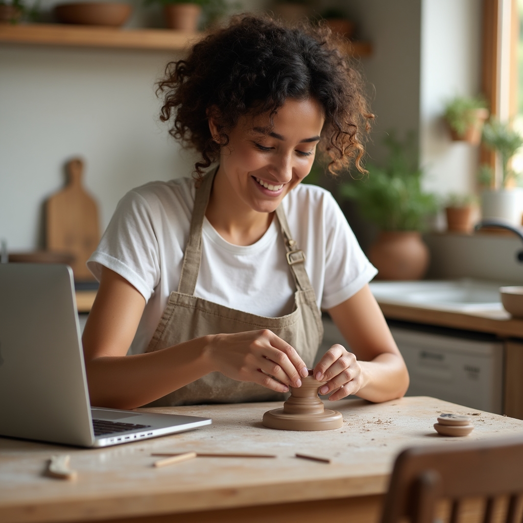 Beginner student learning to center clay during a live virtual pottery session at home