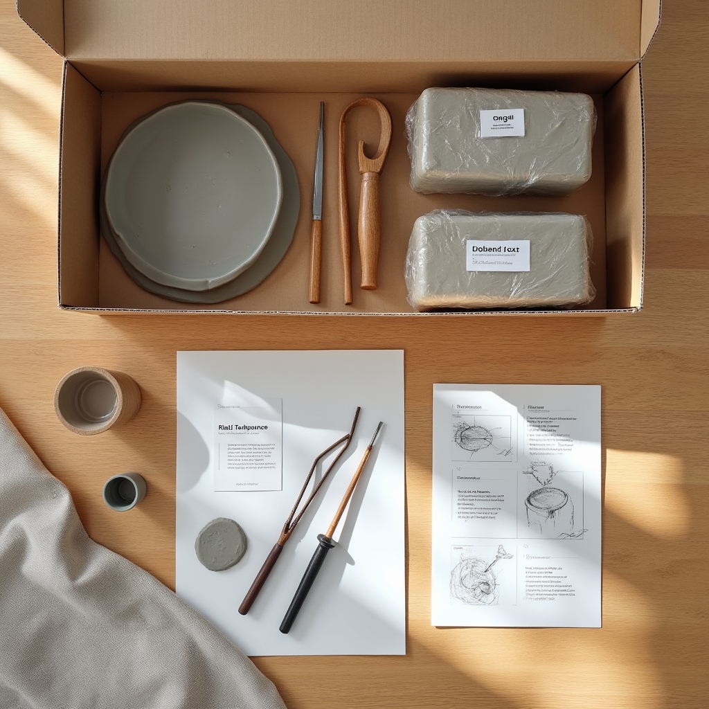 Coweba Logoso pottery kit unboxed showing clay, tools and project materials on a wooden surface