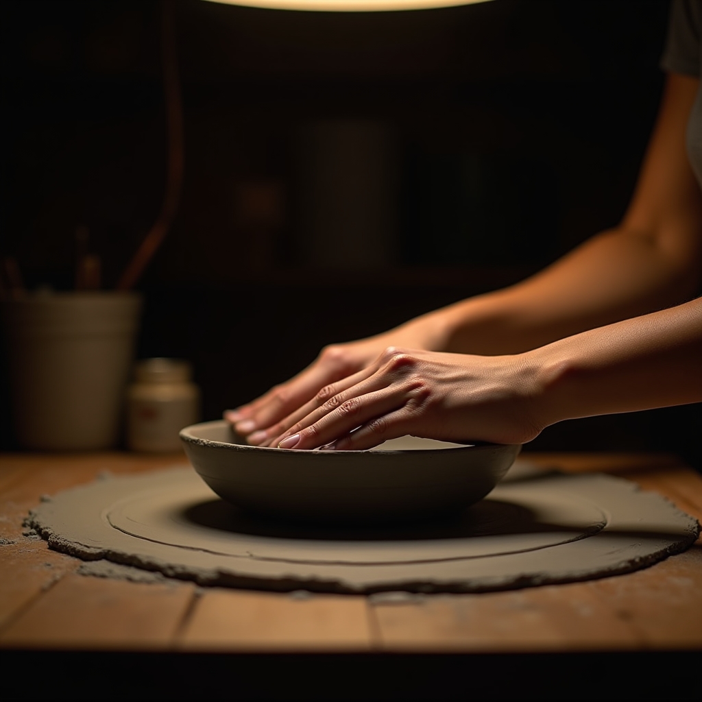 Hands shaping clay on a pottery wheel during a virtual class session