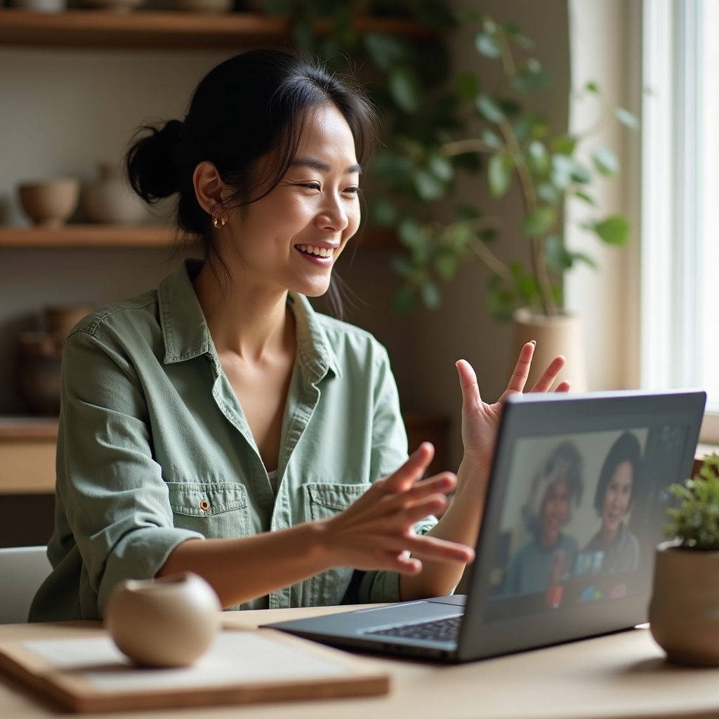 Pottery instructor on video call giving real-time feedback to a student shaping clay at home