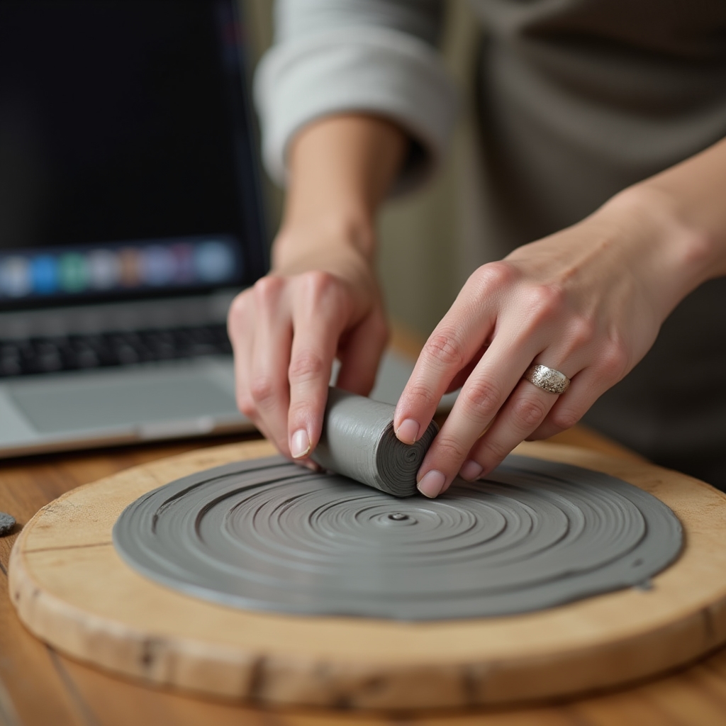 Close-up of pottery instructor's hands demonstrating a coil-building technique on camera during a virtual class