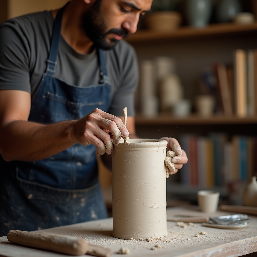 Intermediate student working on a detailed ceramic vessel during a live online class with tools visible