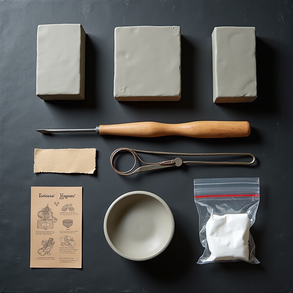 Close-up of pottery tools, pre-measured clay blocks and printed reference cards laid out on a dark surface from a Coweba Logoso kit