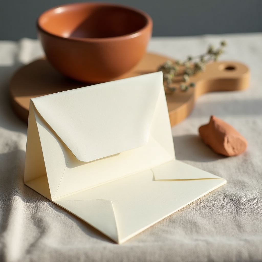 Elegant pottery gift card presentation with handmade ceramic bowl in the background on a natural linen surface