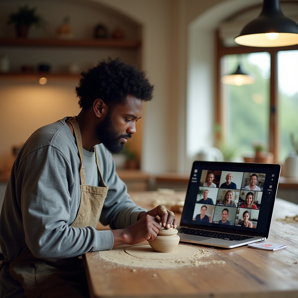 Student working with clay at a home table during a live virtual pottery class shown on a laptop screen beside them